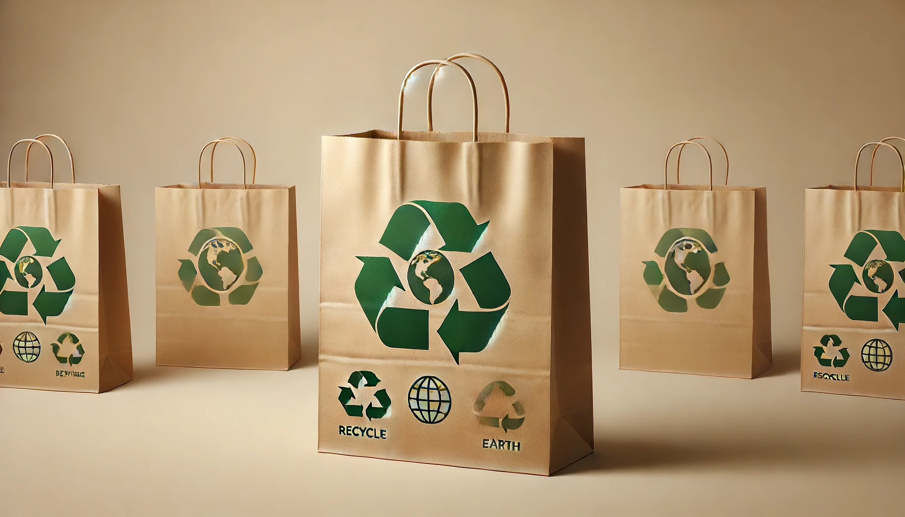 Sacos de papel com símbolos de reciclagem e ícones de terra